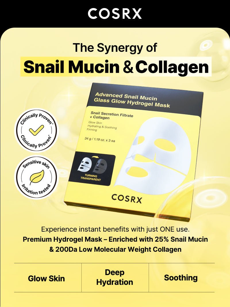 Cosrx Advanced Snail Mucin Glass Glow Hydrogel Mask (1 Sheet) قناع هيدروجيل زجاجي متوهج بخلاصة الحلزون المتطور من كوسركس - Princess Cosmetics Qatar