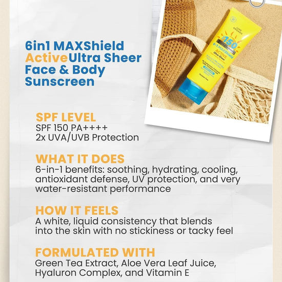Luxe Organix 6 in 1 Maxshield Active Ultra Sheer Face and Body Sunscreen 100ml واقي الشمس لوكس أورجانيكس 6 في 1 ماكس شيلد أكتيف ألترا شير للوجه والجسم - Princess Cosmetics Qatar