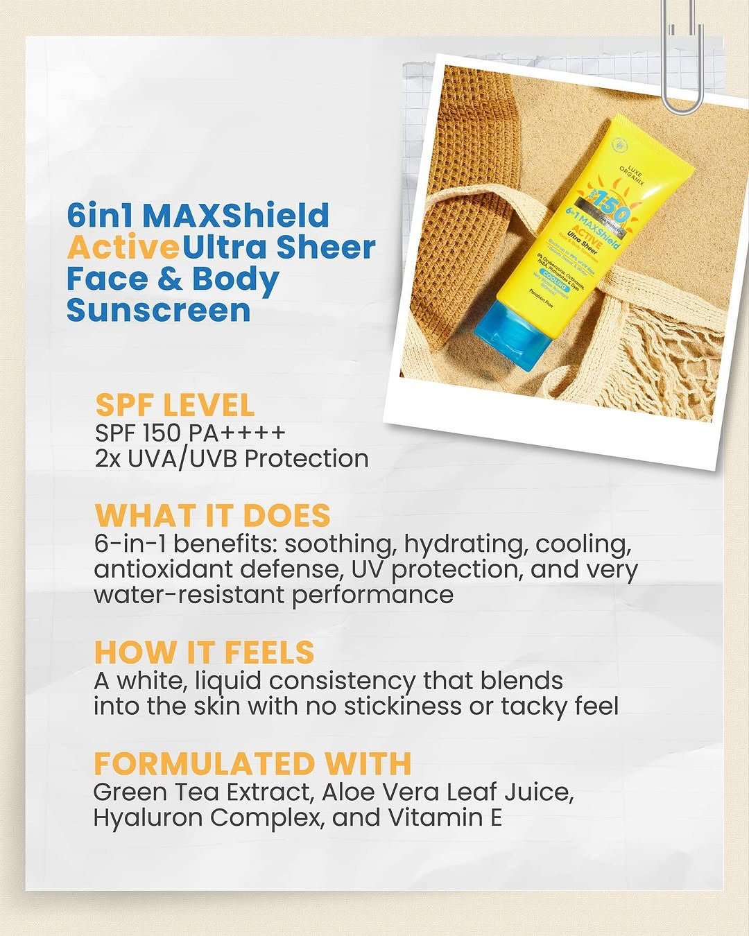 Luxe Organix 6 in 1 Maxshield Active Ultra Sheer Face and Body Sunscreen 100ml واقي الشمس لوكس أورجانيكس 6 في 1 ماكس شيلد أكتيف ألترا شير للوجه والجسم - Princess Cosmetics Qatar