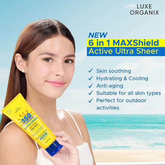 Luxe Organix 6 in 1 Maxshield Active Ultra Sheer Face and Body Sunscreen 100ml واقي الشمس لوكس أورجانيكس 6 في 1 ماكس شيلد أكتيف ألترا شير للوجه والجسم - Princess Cosmetics Qatar