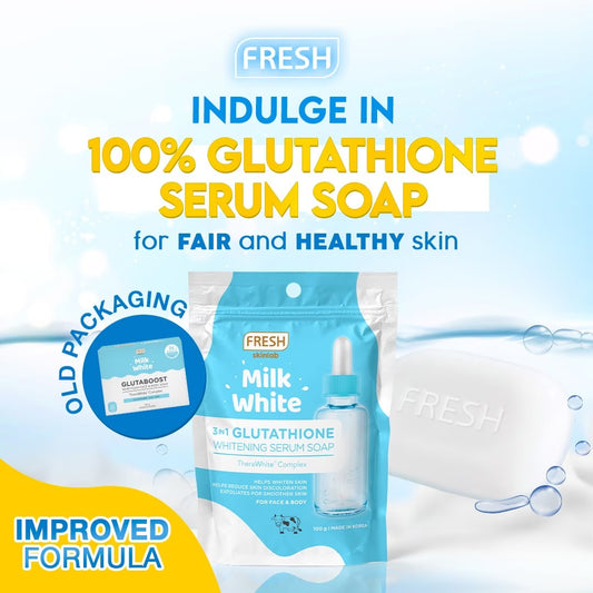 Fresh Skinlab Milk White 3 in 1 Glutathione Whitening Serum Soap 100g. صابون مصل تبييض الجلوتاثيون 3 في 1 بالحليب الأبيض من فريش سكين لاب، 100 جرام