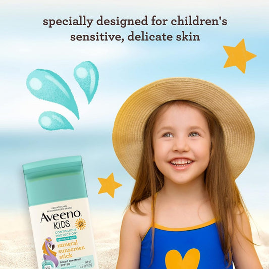 Aveeno KIDS Mineral Sunscreen Stick with Broad Spectrum, SPF 50 42g. أفينو عصا الوقاية من الشمس المعدنية مع طيف واسع، عامل حماية من أشعة الشمس 50، 42 جرام للطفل