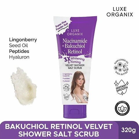 Luxe Organix Niacinamide + Bakuchiol Retinol Velvet Shower Salt Scrub 320g لوكس أورجانيكس نياسيناميد + باكوتشيول ريتينول - مقشر ملح الاستحمام المخملي 320 جم