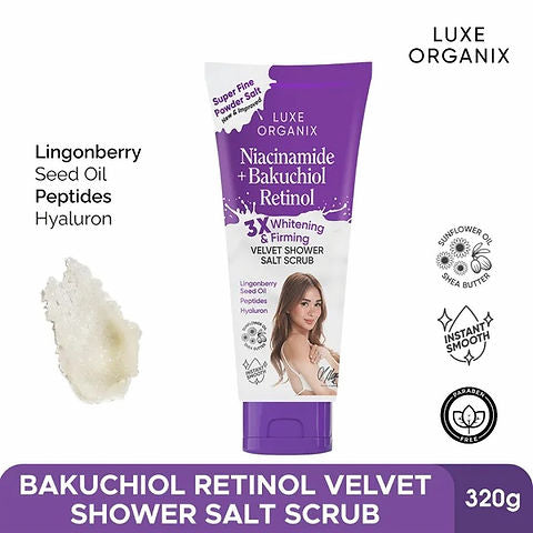 Luxe Organix Niacinamide + Bakuchiol Retinol Velvet Shower Salt Scrub 320g