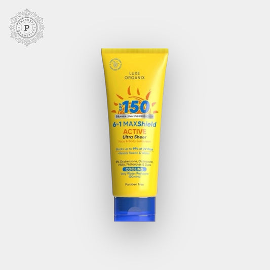 Luxe Organix 6 in 1 Maxshield Active Ultra Sheer Face and Body Sunscreen 100ml لوكس أورجانيكس 6 في 1 ماكس شيلد أكتيف ألترا شير واقي من الشمس للوجه والجسم 100 مل