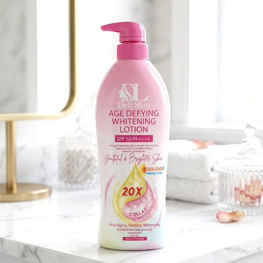 Deli Skin Age Defying Whitening Lotion SPF50 PA++++ 500ml لوشن ديلي سكين لتفتيح البشرة ومكافحة علامات التقدم في السن