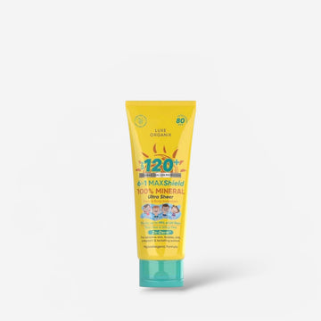 Luxe Organix 6in1 MAXShield 100% Mineral Ultra Sheer Face & Body Sunscreen SPF120 100ml واقي الشمس لوكس أورجانيكس 6 في 1 ماكس شيلد، معدني 100%، شفاف للغاية، للوجه والجسم، عامل حماية من الشمس 120