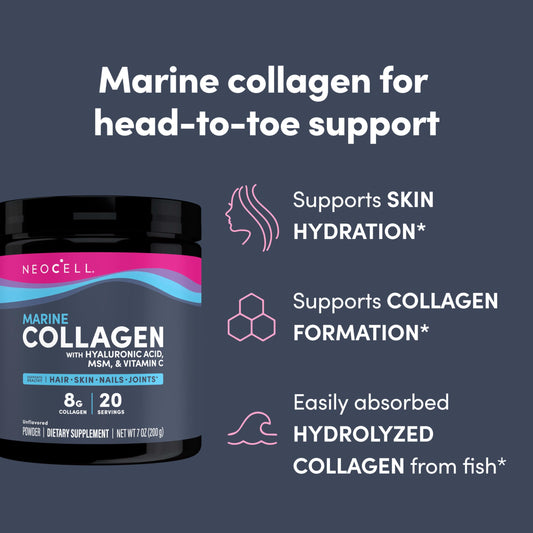 Neocell Marine Collagen Powder with Hyaluronic Acid, MSM, & Vitamin C 200g مسحوق الكولاجين البحري Neocell مع حمض الهيالورونيك و MSM وفيتامين C