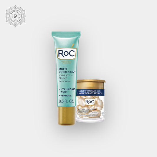 ROC Multi-Correxion Hydrate + Plump Eye Cream + Retinol Correxion Line Smoothing Night Serum Capsules Set. روس مالتي كوريكسيون هيدرات + كريم ممتلئ للعين + مجموعة كبسولات مصل ليلي لتنعيم خط الريتينول كوريكسيون