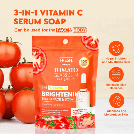 Fresh Skinlab Tomato Glass Skin 3 in 1 Vitamin C Brightening Serum Face & Body Soap 100g. فريش سكينلاب طماطم زجاجية سكين 3 في 1 فيتامين سي مصل تفتيح الوجه والجسم