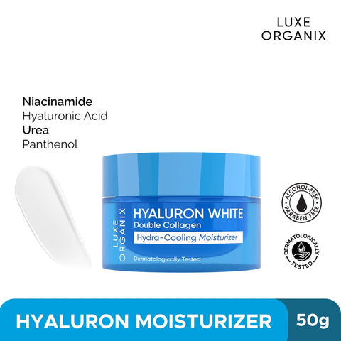 Luxe Organix Hyaluron White Double Collagen Hydra-Cooling Moisturizer 50g لوكس أورجانيكس هيالورون أبيض مزدوج الكولاجين هيدرا بارد مرطب 50 جم