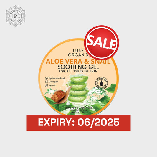 Luxe Organix Aloe Vera & Snail Soothing Gel 95% 300ml - EXPIRY: 06/2025 لوكس أورجانيكس جل مهدئ بالصبار والحلزون 95٪ 300 مل - انتهاء الصلاحية: 06/2025