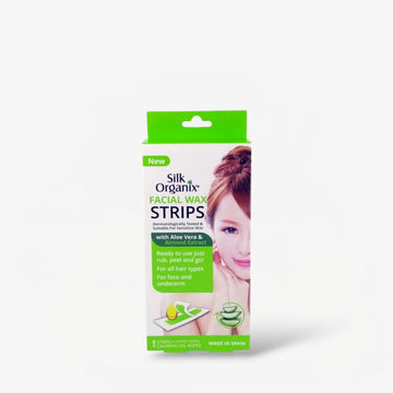 Silk Organix Facial Wax Strips - WITH ALOE VERA & ALMOND EXTRACT (8 Strips) شرائح شمع الوجه من سيلك أورجانيكس - مع خلاصة الصبار واللوز