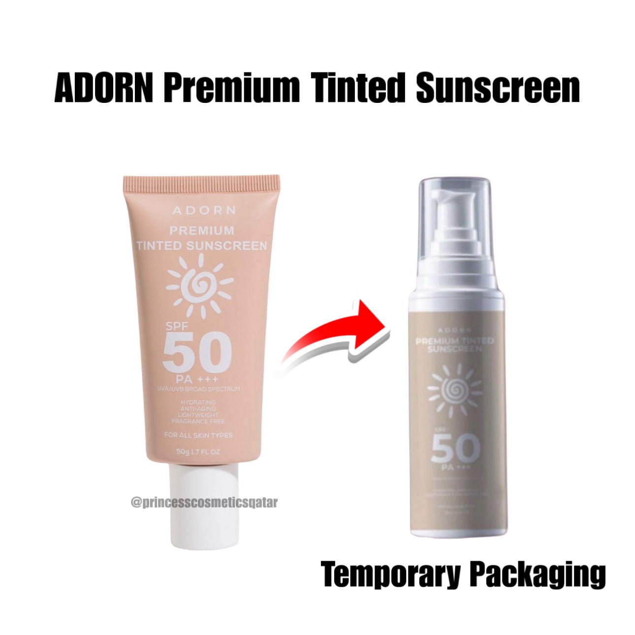 Adorn Premium Tinted Sunscreen 50g واقي الشمس الملون الفاخر من أدورن - Princess Cosmetics Qatar