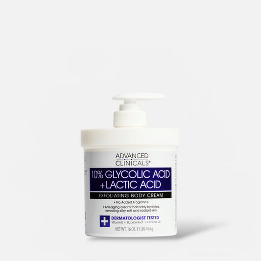 Advanced Clinicals 10% Glycolic Acid & Lactic Acid Exfoliating Body Cream 454g كريم الجسم المقشر من أدفانسد كلينيكالز، يحتوي على 10% من حمض الجليكوليك وحمض اللاكتيك - Princess Cosmetics Qatar