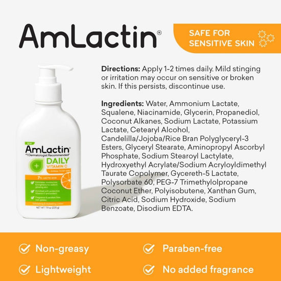 Amlactin Daily Vitamin C Lotion with 7% Lactic Acid 225g. أملاكتين لوشن فيتامين سي اليومي مع حمض اللاكتيك بنسبة 7% 225 جرام - Princess Cosmetics Qatar