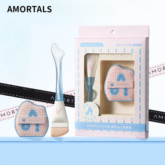 Amortals Fishtail Foundation Brush & Powder Puff Set مجموعة فرشاة كريم الأساس وبودرة الوجه من أمورتالز فيشتيل - Princess Cosmetics Qatar