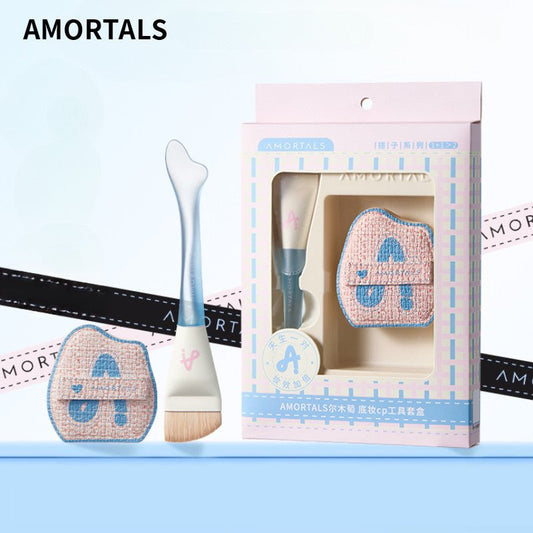 Amortals Fishtail Foundation Brush & Powder Puff Set مجموعة فرشاة كريم الأساس وبودرة الوجه من أمورتالز فيشتيل - Princess Cosmetics Qatar