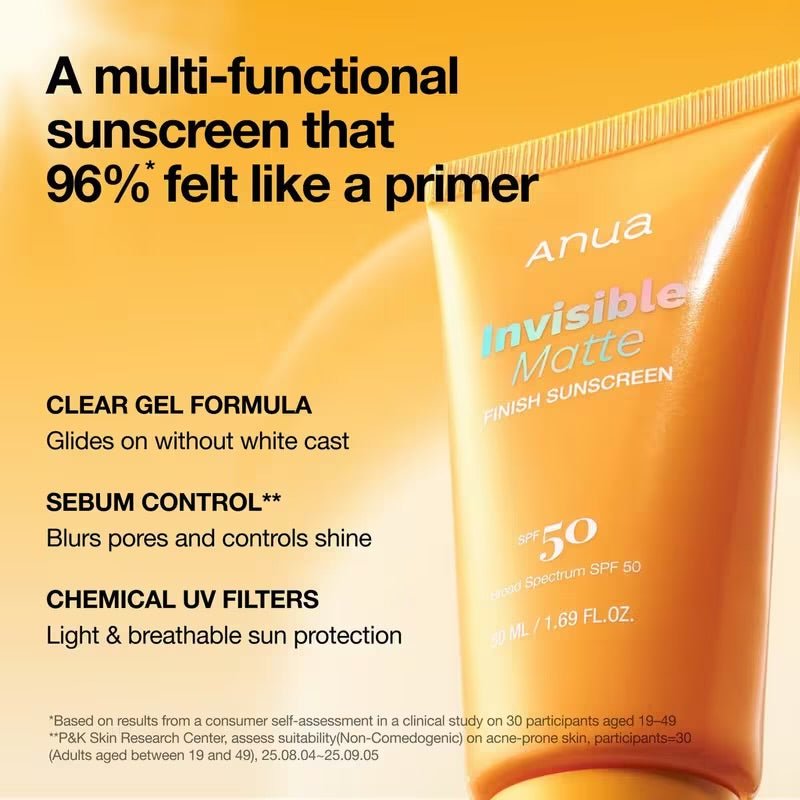 Anua Invisible Matte Finish Sunscreen 50ml واقي الشمس أنوا غير المرئي ذو اللمسة النهائية غير اللامعة - Princess Cosmetics Qatar