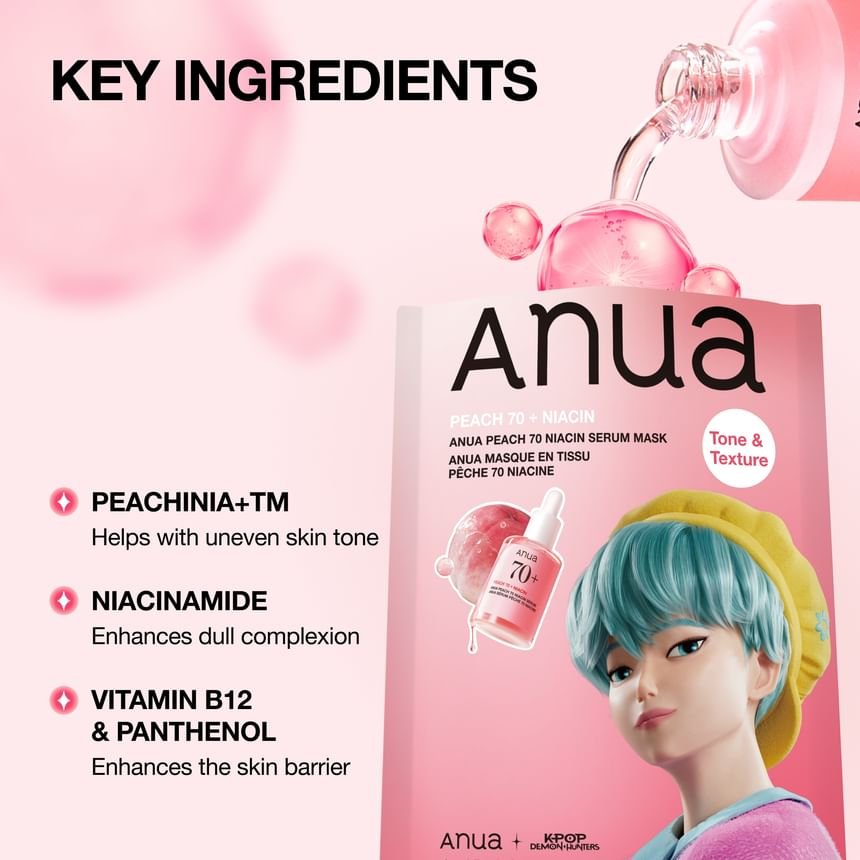 Anua KPOP Demon Hunter Peach 70 Niacin Serum Face Mask (1 Sheet) أنوا كيبوب ديمون هانتر بيتش 70 نياسين قناع الوجه - Princess Cosmetics Qatar