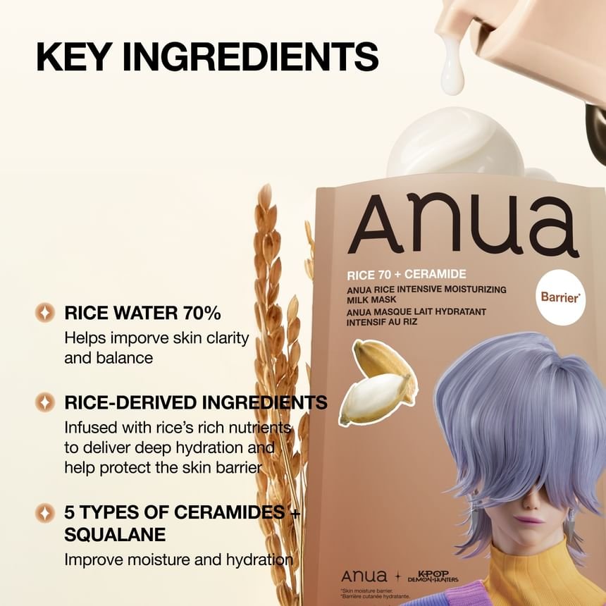 Anua KPOP Demon Hunter Rice 70 Intensive Moisturizing Milk Mask (1 Sheet) قناع حليب أنوا كيبوب ديمون هانتر رايس 70 المرطب المكثف - Princess Cosmetics Qatar