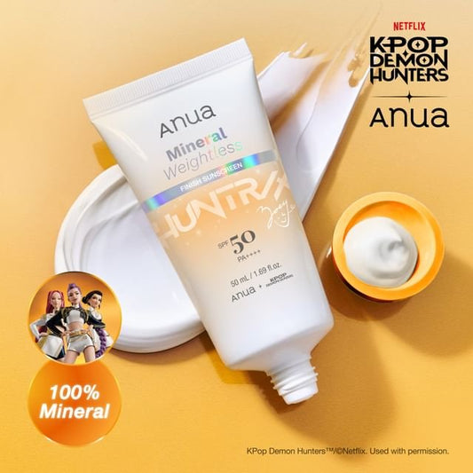 Anua KPOP Demon Hunters Mineral Weightless Finish Sunscreen 50ml واقي الشمس المعدني الخفيف الوزن من أنوا كيبوب ديمون هانترز - Princess Cosmetics Qatar