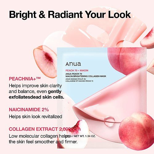 Anua Peach 70 Niacin Brightening Collagen Mask (1 Sheet) قناع أنوا بيش 70 نياسين لتفتيح البشرة والكولاجين - Princess Cosmetics Qatar