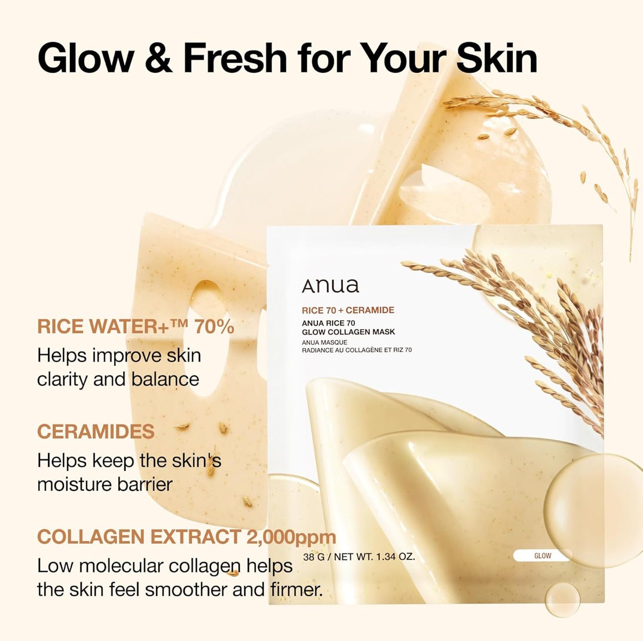 Anua Rice 70 Glow Collagen Mask (1 Sheet) قناع الكولاجين المتوهج من أنوا رايس 70 - Princess Cosmetics Qatar