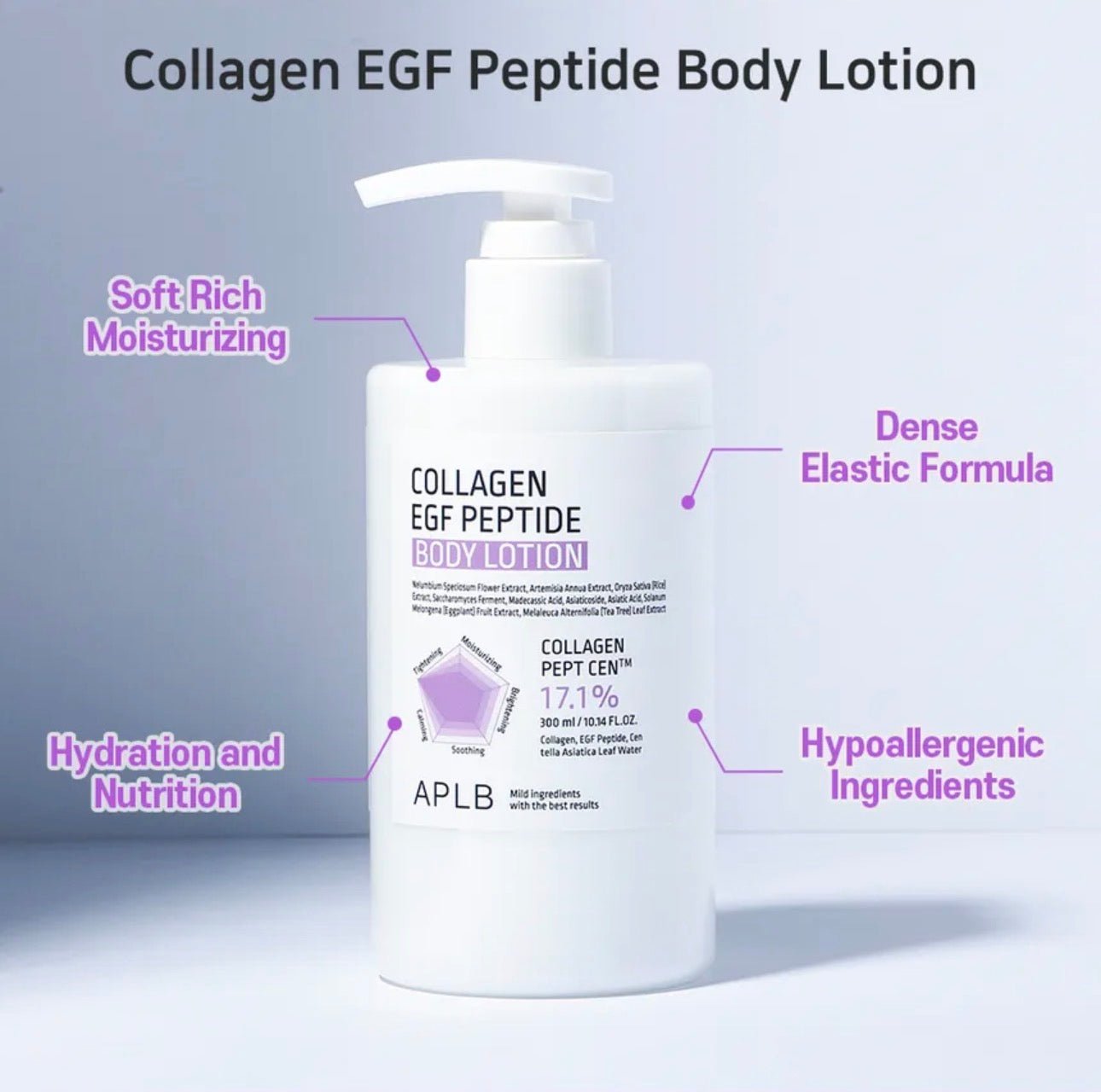 APLB Collagen EGF Peptide Body Lotion 300ml لوشن الجسم APLB بالكولاجين وعامل نمو البشرة والببتيد - Princess Cosmetics Qatar