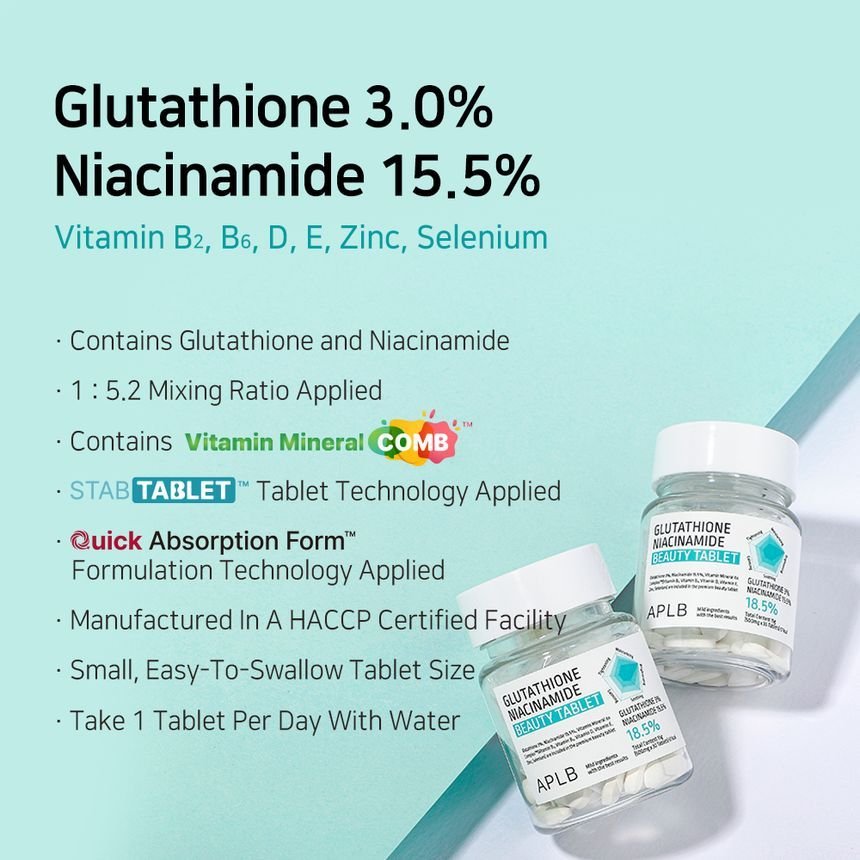 APLB Glutathione Niacinamide Beauty Tablet (500mgx30ea). أ.ب.ل.ب أقراص الجلوتاثيون النياسيناميد - Princess Cosmetics Qatar