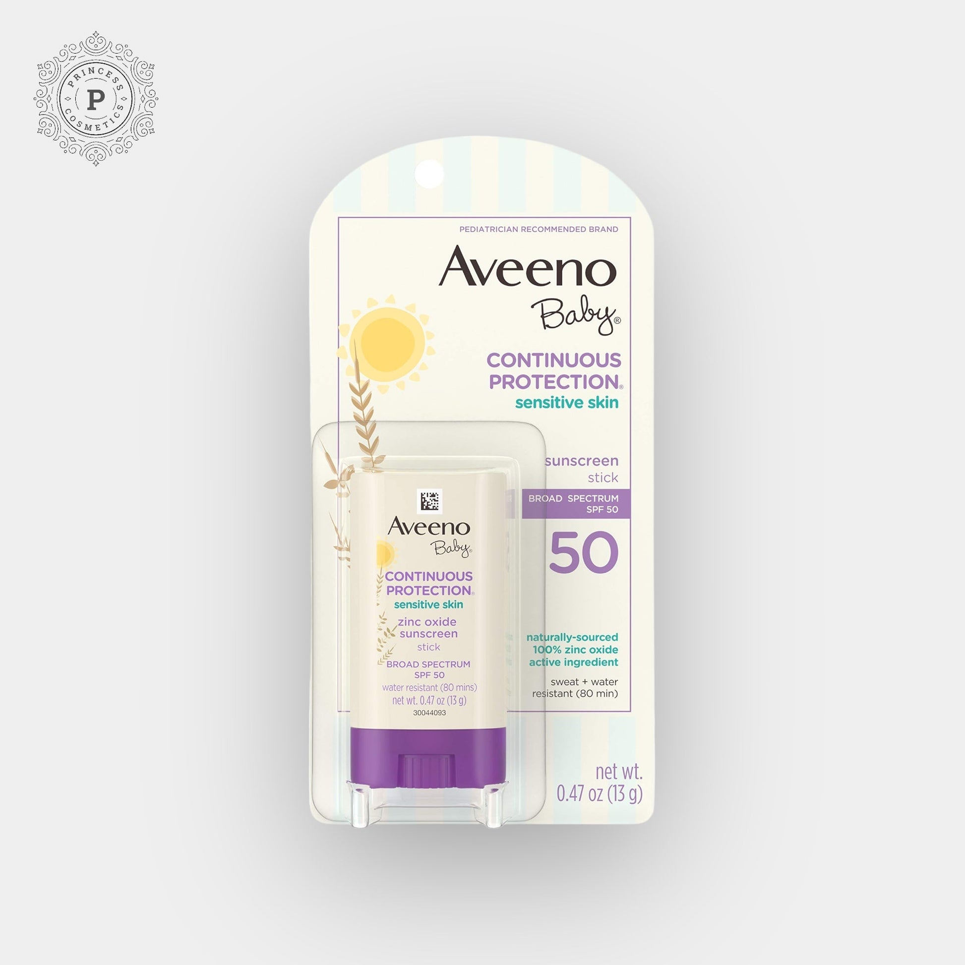 Aveeno Baby Continuous Protection Sensitive Skin Face Stick with Broad Spectrum SPF 50 13g. أفينو كريم أساس للبشرة الحساسة بعامل حماية من أشعة الشمس 50 واسع الطيف، 13 جم للطفل - Princess Cosmetics Qatar