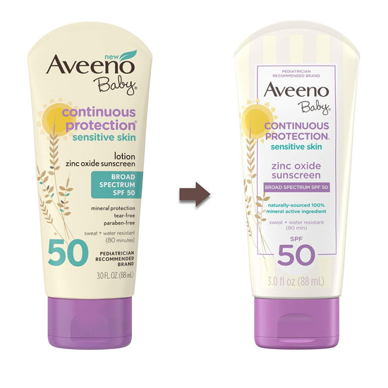 Aveeno Baby Continuous Protection® Sensitive Skin Lotion Zinc Oxide Sunscreen with Broad Spectrum SPF 50 88ml. أفينو لوشن واقي من الشمس يحتوي على أكسيد الزنك للبشرة الحساسة مع عامل حماية واسع النطاق SPF 50، 88 مل للطفل - Princess Cosmetics Qatar