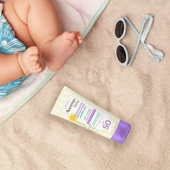 Aveeno Baby Continuous Protection® Sensitive Skin Lotion Zinc Oxide Sunscreen with Broad Spectrum SPF 50 88ml. أفينو لوشن واقي من الشمس يحتوي على أكسيد الزنك للبشرة الحساسة مع عامل حماية واسع النطاق SPF 50، 88 مل للطفل - Princess Cosmetics Qatar