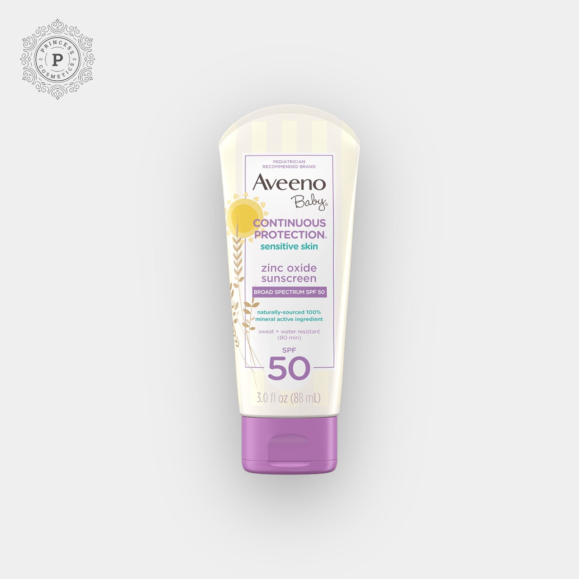 Aveeno Baby Continuous Protection® Sensitive Skin Lotion Zinc Oxide Sunscreen with Broad Spectrum SPF 50 88ml. أفينو لوشن واقي من الشمس يحتوي على أكسيد الزنك للبشرة الحساسة مع عامل حماية واسع النطاق SPF 50، 88 مل للطفل - Princess Cosmetics Qatar