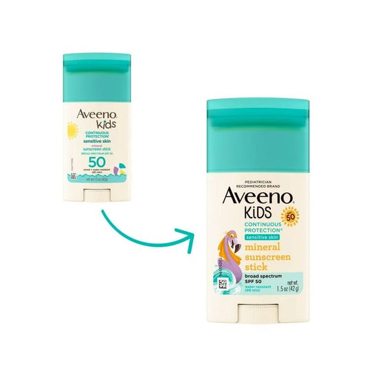 Aveeno KIDS Mineral Sunscreen Stick with Broad Spectrum, SPF 50 42g. أفينو عصا الوقاية من الشمس المعدنية مع طيف واسع، عامل حماية من أشعة الشمس 50، 42 جرام للطفل - Princess Cosmetics Qatar