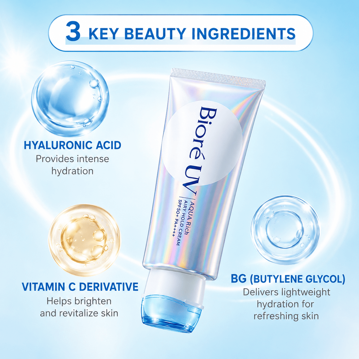 Biore UV Aqua Rich Airy Hold Cream SPF50+ PA++++ 70g كريم بيوريه يو في أكوا ريتش إيري هولد - Princess Cosmetics Qatar
