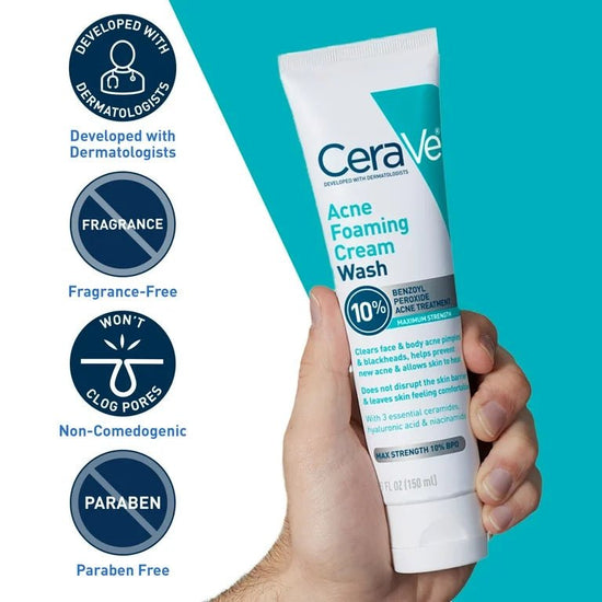 CeraVe Acne Foaming Cream Wash 10% BP 150ml غسول كريم رغوي لعلاج حب الشباب من سيرافي ١٠٪؜ - Princess Cosmetics Qatar