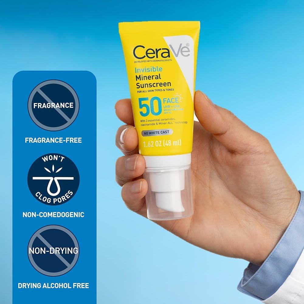 CeraVe Invisible Mineral Sunscreen SPF50 48ml واقي الشمس المعدني غير المرئي من سيرافي - Princess Cosmetics Qatar