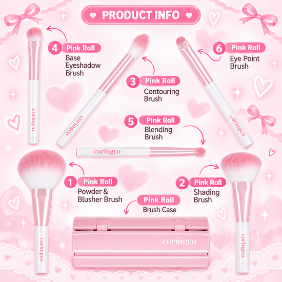 Coringco Pink Roll Make Up Brush Set (6pcs) طقم فرش مكياج كورينكو بينك رول - Princess Cosmetics Qatar