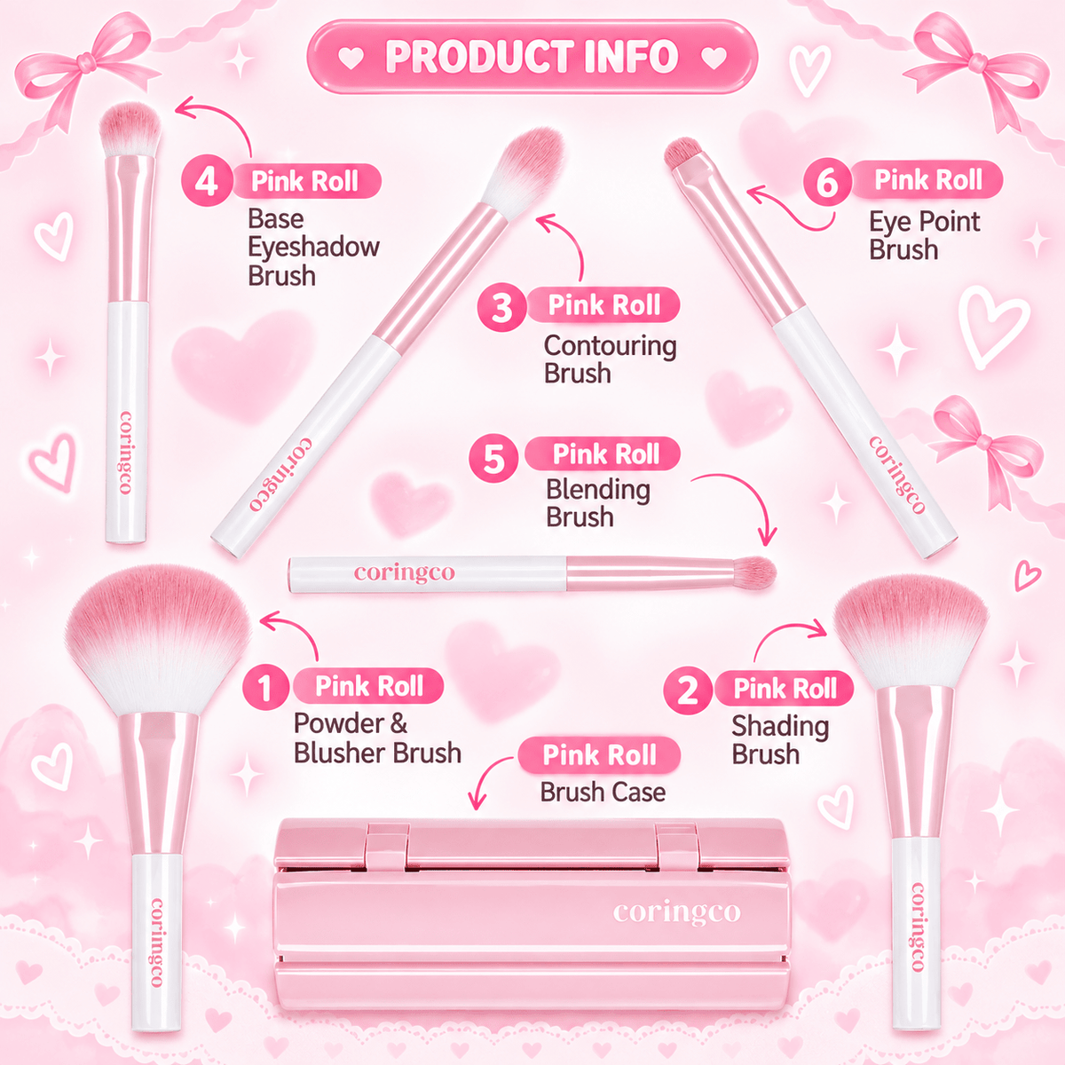 Coringco Pink Roll Make Up Brush Set (6pcs) طقم فرش مكياج كورينكو بينك رول - Princess Cosmetics Qatar