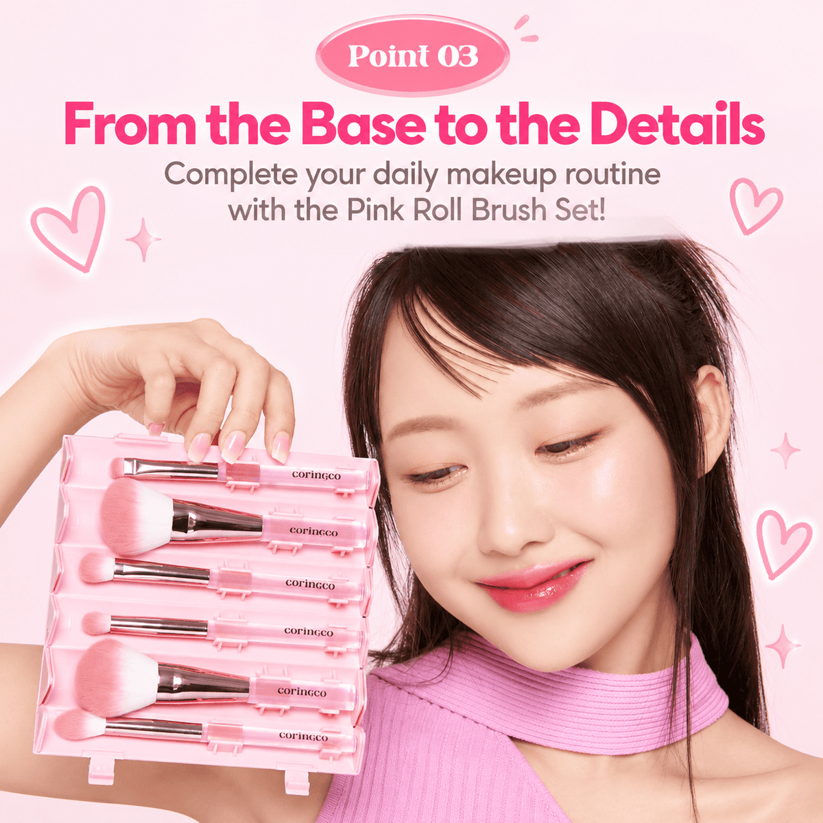 Coringco Pink Roll Make Up Brush Set (6pcs) طقم فرش مكياج كورينكو بينك رول - Princess Cosmetics Qatar