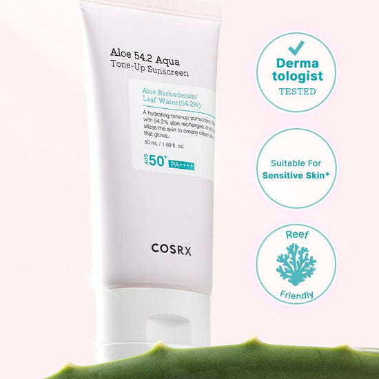 Cosrx Aloe 54.2 Aqua Tone - up Sunscreen SPF 50+ PA++++ 50ml. كريم الوقاية من الشمس كوسركس ألو 54.2 أكوا تون أب بعامل حماية من الشمس 50+ PA++++ 50 مل - Princess Cosmetics Qatar