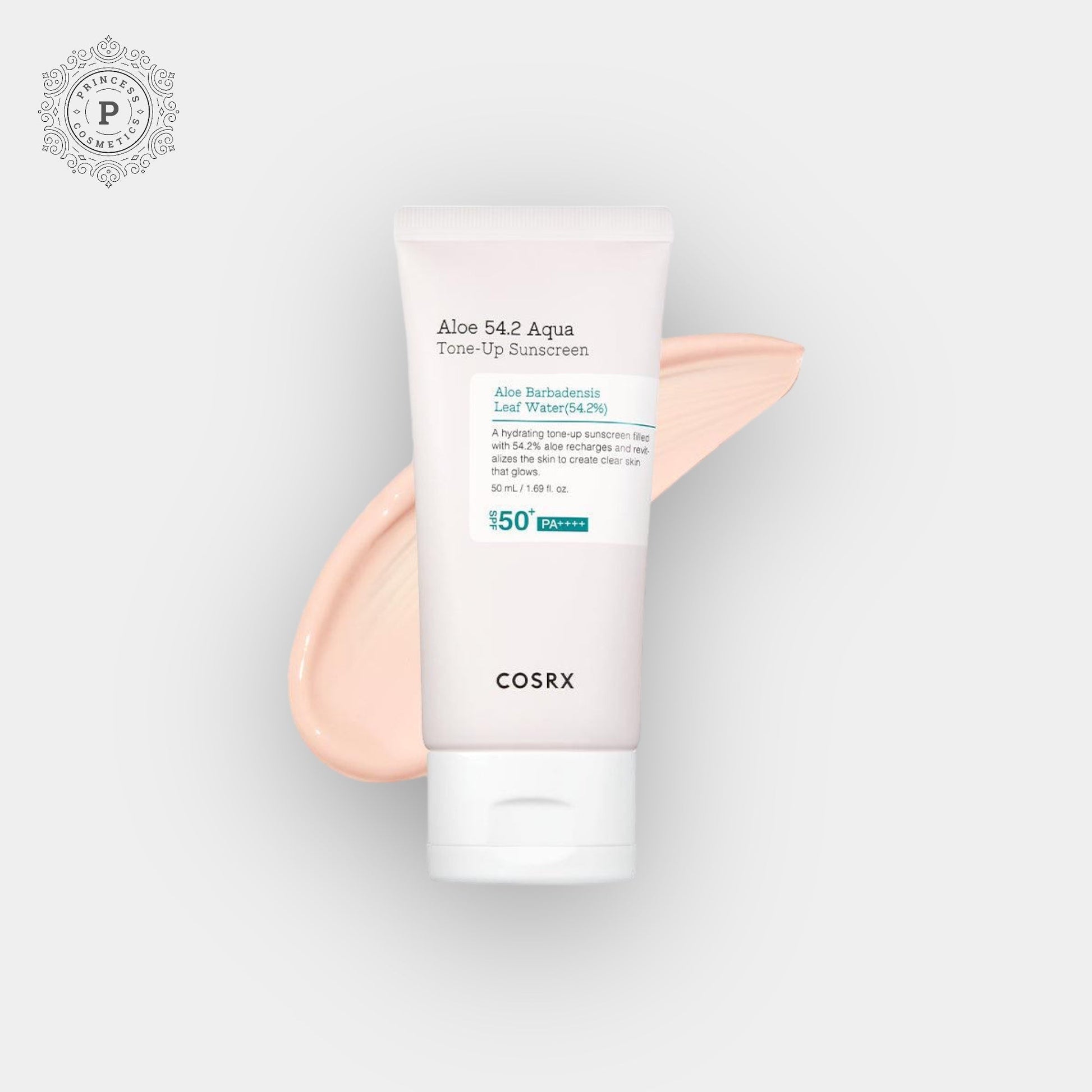 Cosrx Aloe 54.2 Aqua Tone - up Sunscreen SPF 50+ PA++++ 50ml. كريم الوقاية من الشمس كوسركس ألو 54.2 أكوا تون أب بعامل حماية من الشمس 50+ PA++++ 50 مل - Princess Cosmetics Qatar