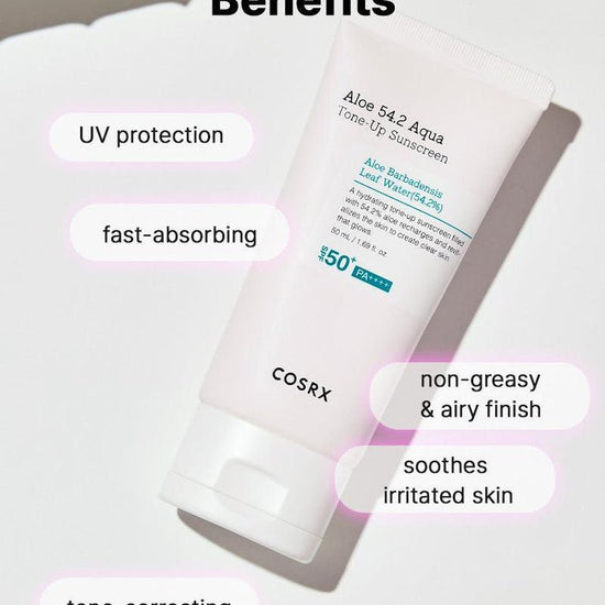 Cosrx Aloe 54.2 Aqua Tone - up Sunscreen SPF 50+ PA++++ 50ml. كريم الوقاية من الشمس كوسركس ألو 54.2 أكوا تون أب بعامل حماية من الشمس 50+ PA++++ 50 مل - Princess Cosmetics Qatar