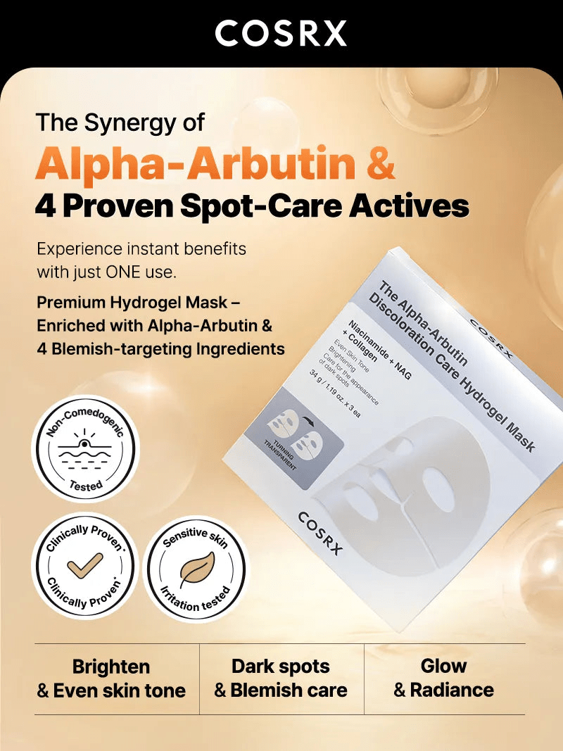 Cosrx The Alpha - Arbutin Discoloration Care Hydrogel Mask (1 Sheet) قناع هيدروجيل للعناية بتغير لون البشرة من كوسركس، ألفا أربوتين - Princess Cosmetics Qatar