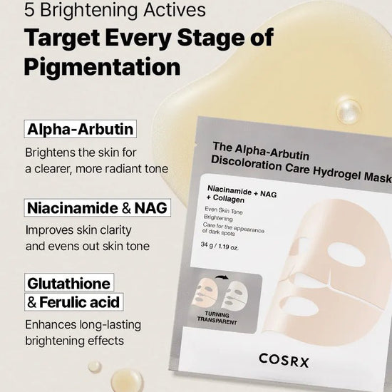 Cosrx The Alpha - Arbutin Discoloration Care Hydrogel Mask (1 Sheet) قناع هيدروجيل للعناية بتغير لون البشرة من كوسركس، ألفا أربوتين - Princess Cosmetics Qatar