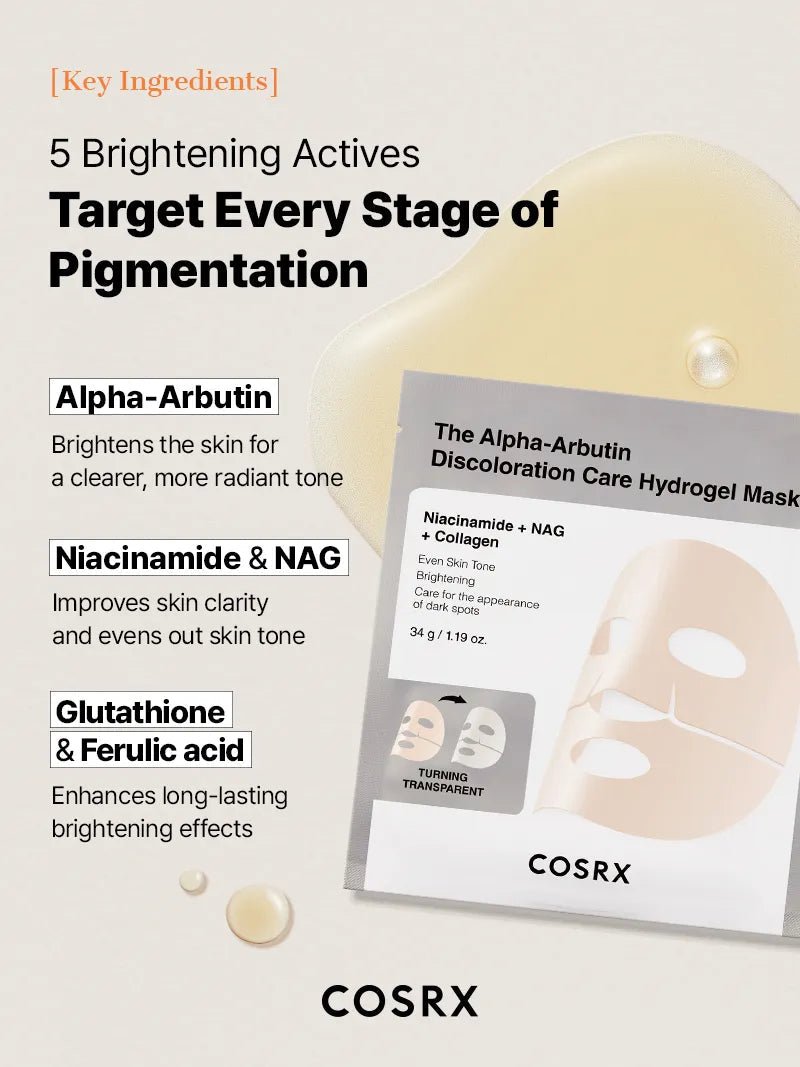 Cosrx The Alpha - Arbutin Discoloration Care Hydrogel Mask (1 Sheet) قناع هيدروجيل للعناية بتغير لون البشرة من كوسركس، ألفا أربوتين - Princess Cosmetics Qatar