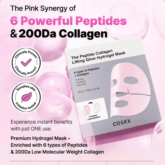 Cosrx The Peptide Collagen Lifting Glow Hydrogel Mask (1 Sheet) قناع هيدروجيل لرفع وتوهج الكولاجين من كوسركس - Princess Cosmetics Qatar