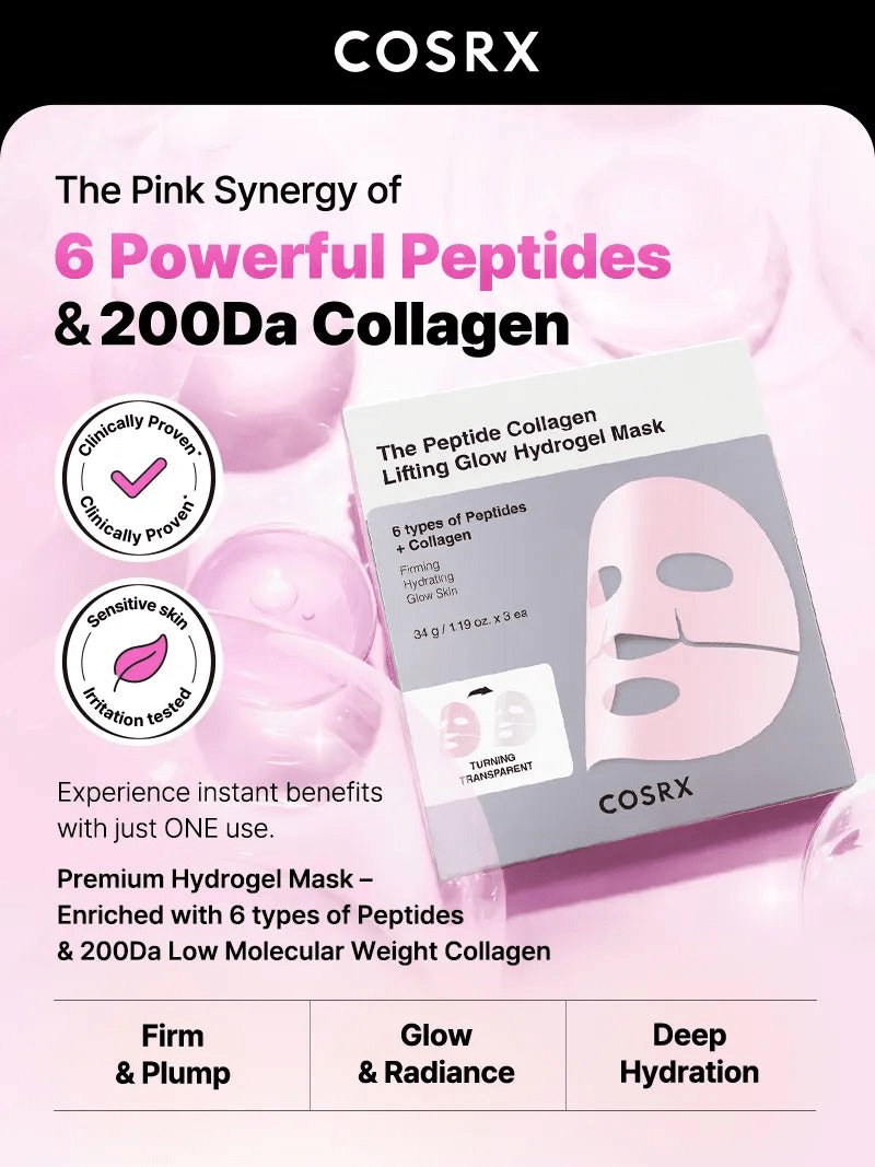 Cosrx The Peptide Collagen Lifting Glow Hydrogel Mask (1 Sheet) قناع هيدروجيل لرفع وتوهج الكولاجين من كوسركس - Princess Cosmetics Qatar