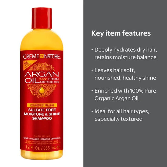 Creme of Nature Argan Oil Sulphate Free Moisture & Shine Shampoo 354ml شامبو كريم أوف ناتشر بزيت الأرغان الخالي من الكبريتات، مرطب ومنعم للشعر - Princess Cosmetics Qatar